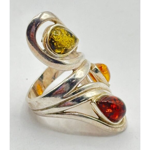 Sterling Silver 925 Multi-Color Amber Adjustable Statement Ring Size 5 - Picture 5 of 6